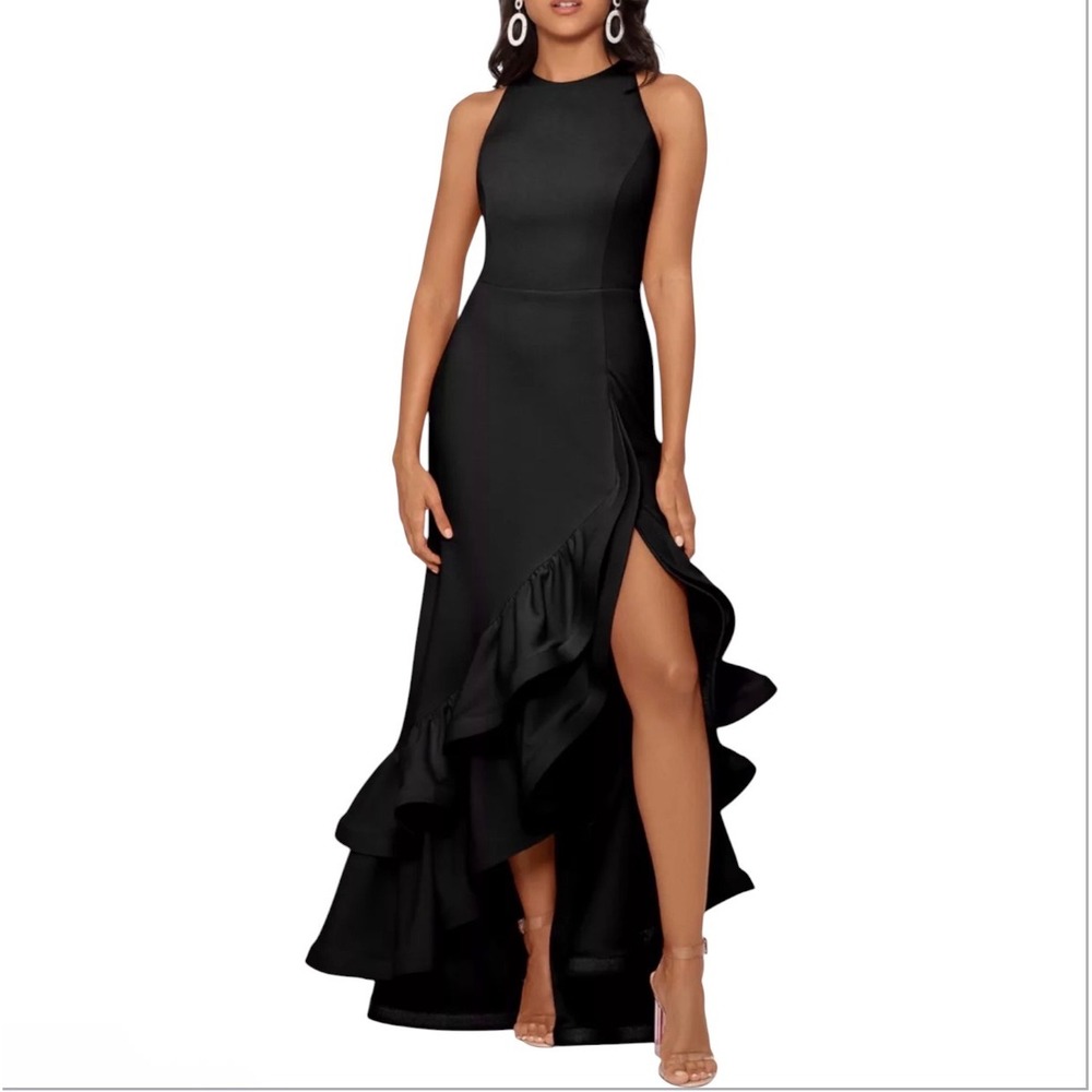 NEW BETSY & ADAM Arielle Scuba Crepe Ruffle Slit Gown Black Size 4P NWT